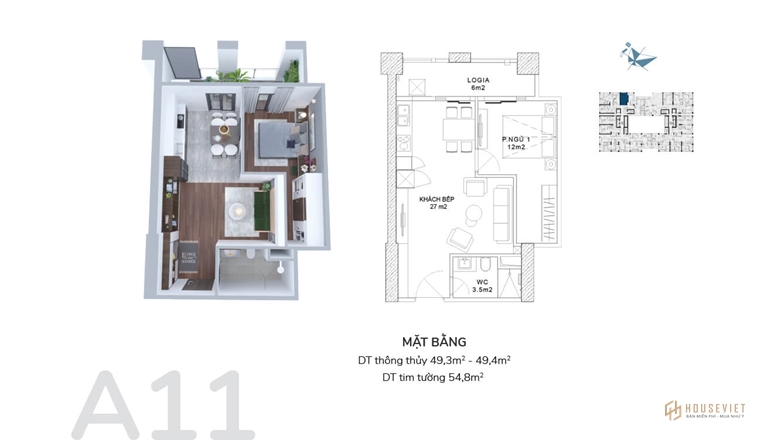 Thiết kế căn hộ 1 phòng ngủ dự án Hatay Millennium Hà Nội