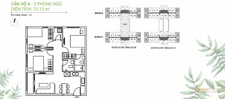 Mặt bằng căn A - 3 phòng ngủ - 75,12 m2: