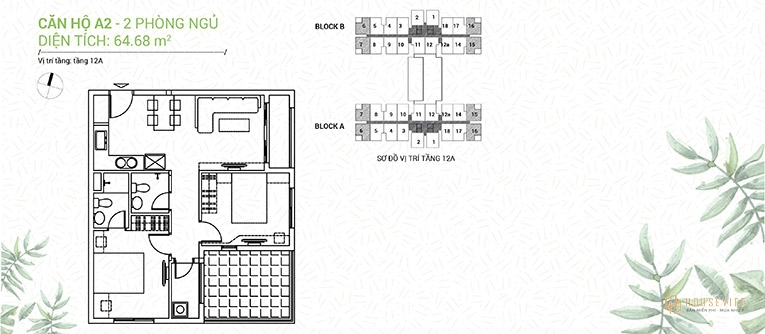 Mặt bằng căn A2 - 2 phòng ngủ - 64,68 m2