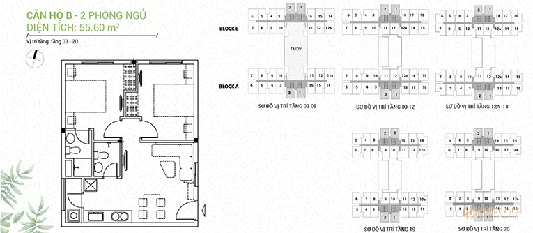 Mặt bằng căn B - 2 phòng ngủ - 55,60 m2