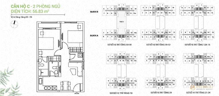 Mặt bằng căn C - 2 phòng ngủ - 56,83 m2