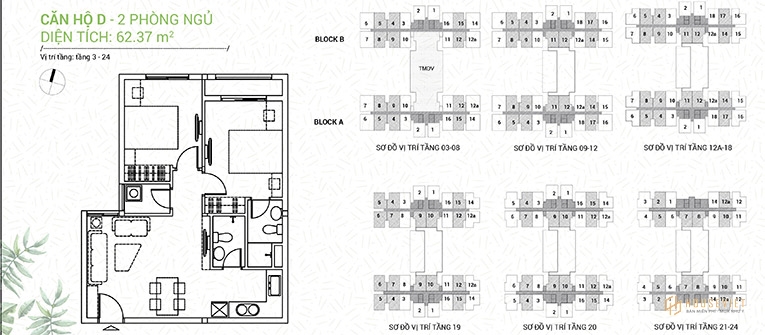 Mặt bằng căn D - 2 phòng ngủ - 62,37 m2