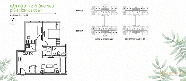 Mặt bằng căn D1 - 2 phòng ngủ - 69 m2