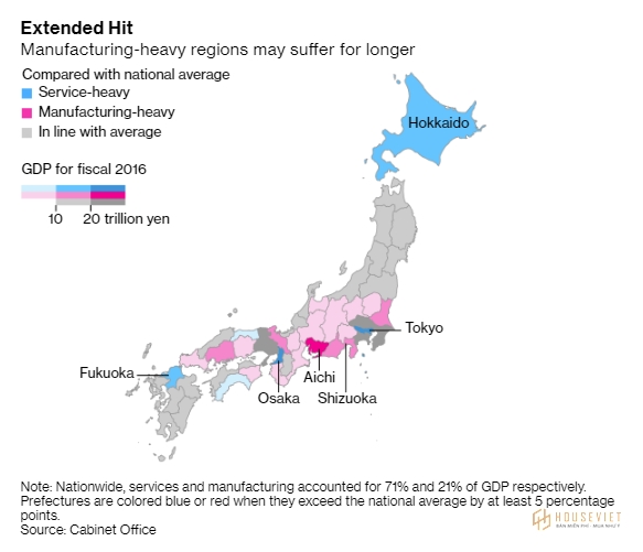 Những vùng phụ thuộc vào ngành sản xuất (hồng) tại Nhật Bản sẽ chịu thiệt hại lâu dài hơn vì dịch Covid-19