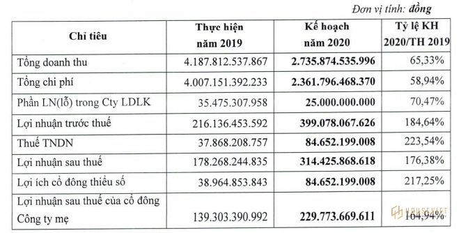 Bảng kế hoạch năm 2020 của TDH