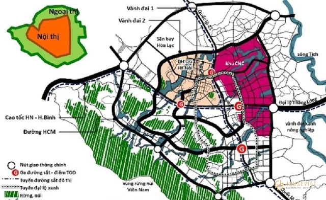 Khu công nghệ cao là phần diện tích màu đỏ, quy mô 1.350,3ha. Hiện đã được đầu tư đồng bộ hạ tầng, đang thu hút các nhà máy của nhiều tập đoàn lớn về xây dựng