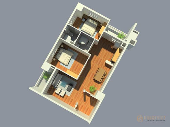 Bản vẽ Thiết kế căn hộ 30m2 2 phòng ngủ chi tiết không gian các phòng