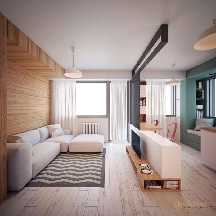 Thiết kế căn hộ 30m2 2 phòng ngủ với không gian bếp và phòng khách chung