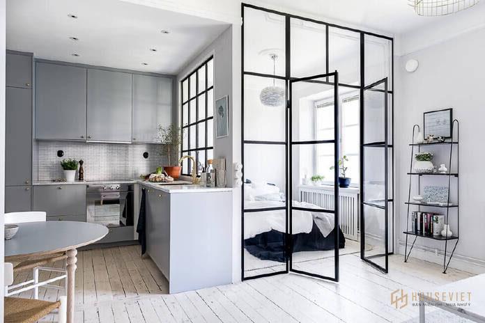 Căn hộ 40m2 2 phòng ngủ được phân chia bởi các lớp cửa kính giúp không gian trông lớn và thoáng hơn rất nhiều