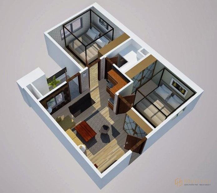 Bản vẽ chi tiết thiết kế căn hộ 46m2 2 phòng ngủ