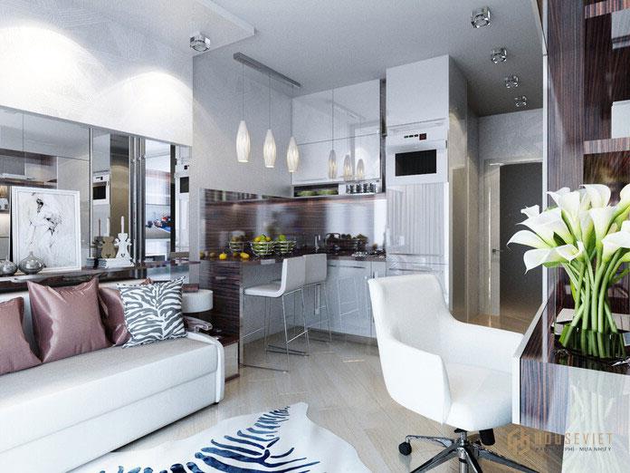 Thiết kế căn hộ 46m2 2 phòng ngủ hiện đại với bếp và phòng khách chung một không gian