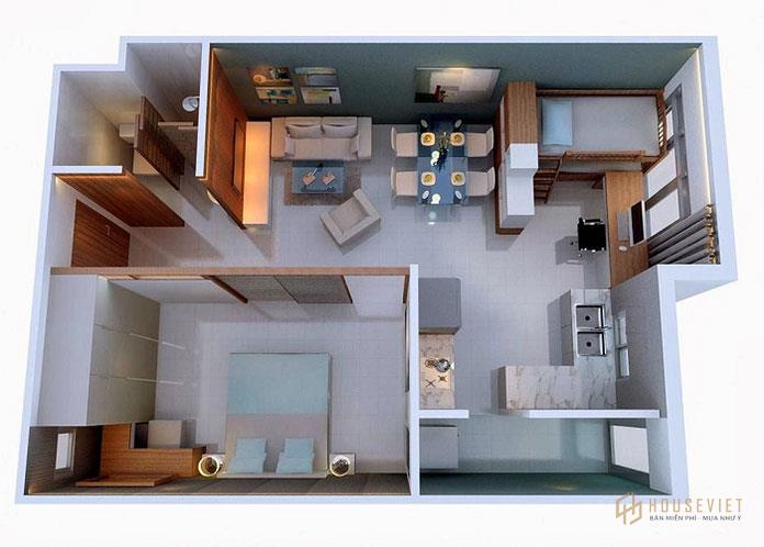 Bản vẽ chi tiết mẫu thiết kế căn hộ 50m2 2 phòng ngủ