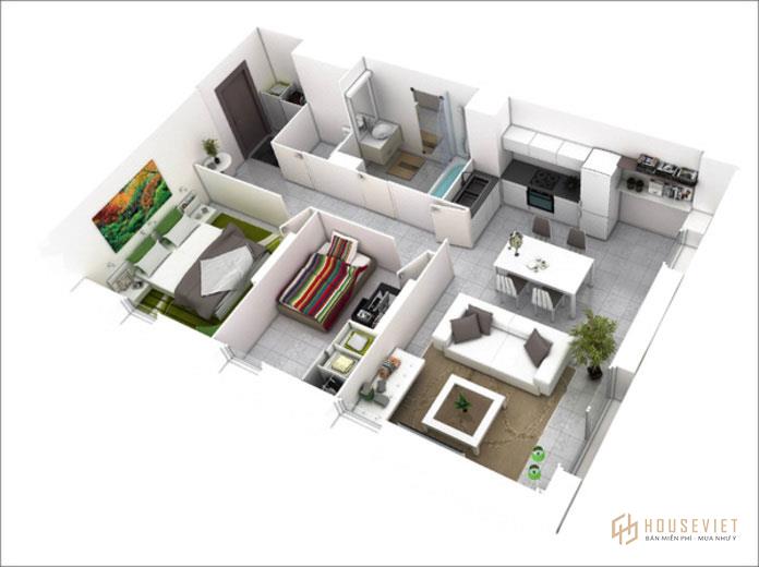 Bản vẽ thiết kế căn hộ chung cư 60m2 2 phòng ngủ cực chi tiết