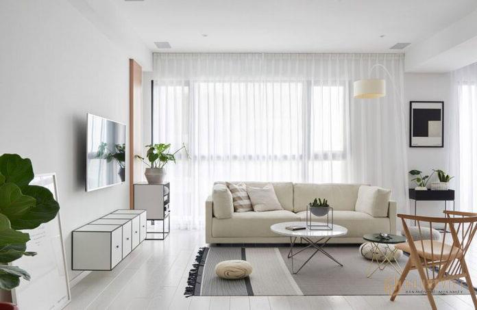 Thiết kế căn hộ chung cư 60m2 2 phòng ngủ với phòng khách tông màu trắng