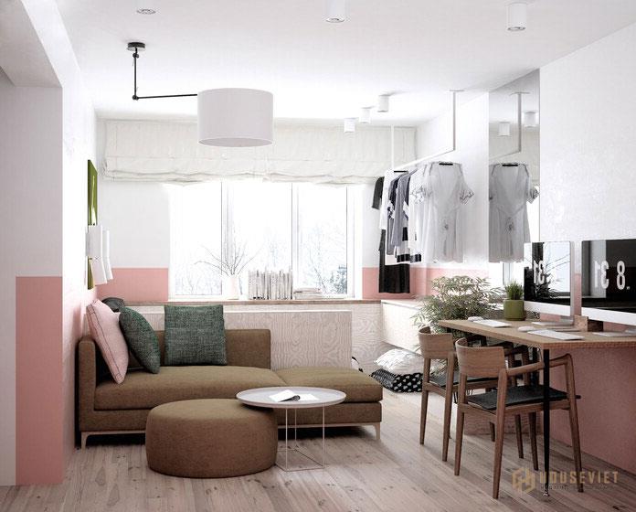 Mẫu căn hộ 65m2 2 phòng ngủ kết hợp không gian phòng khách và phòng làm việc