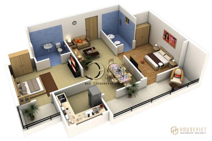 Bản vẽ chi tiết mẫu thiết kế căn hộ 70m2 2 phòng ngủ