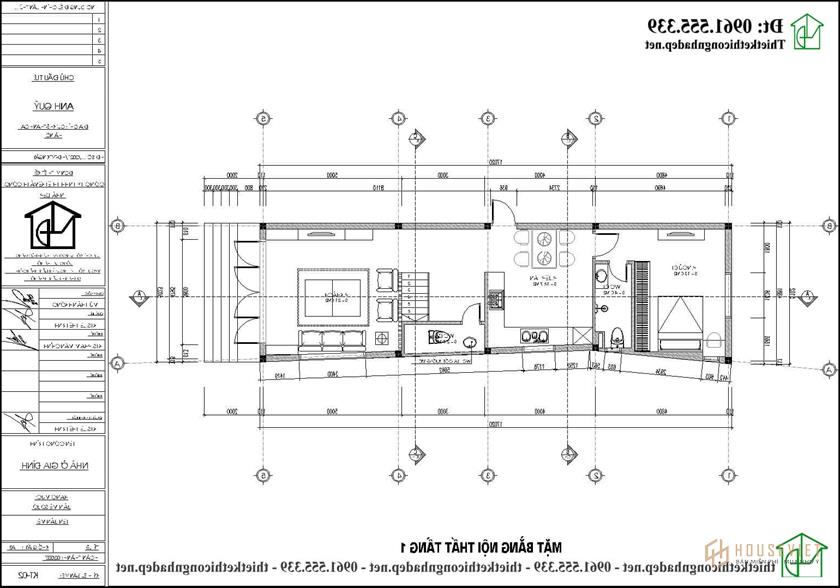 Mặt bằng nội thất tầng 1 nhà ống 3 tầng 5x17m NDNP3T67