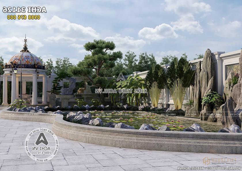 Không gian sân vườn thoáng mát với đầm sen rộng lớn