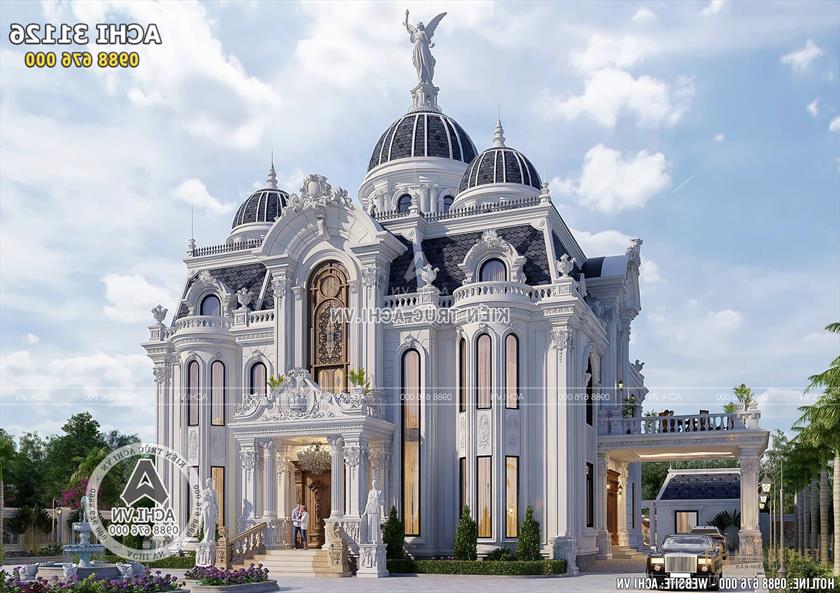 Tổng thể công trình 3 tầng nổi bật với những đường nét hoa văn chạm trổ.