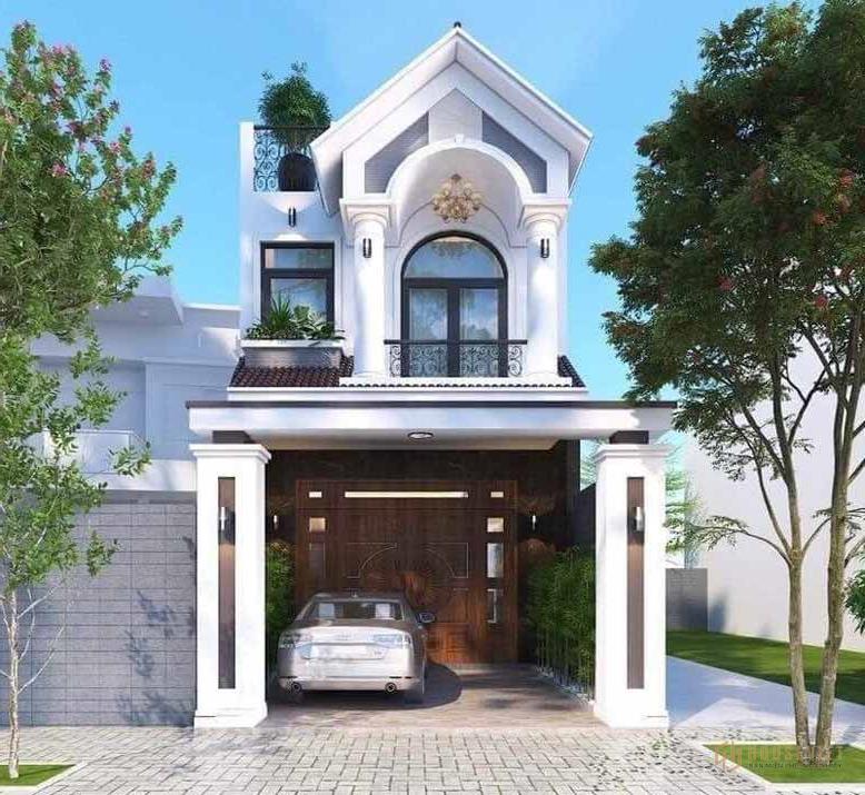 Mẫu nhà phố tân cổ điển 2 tầng với cửa chính được ốp gỗ sang trọng