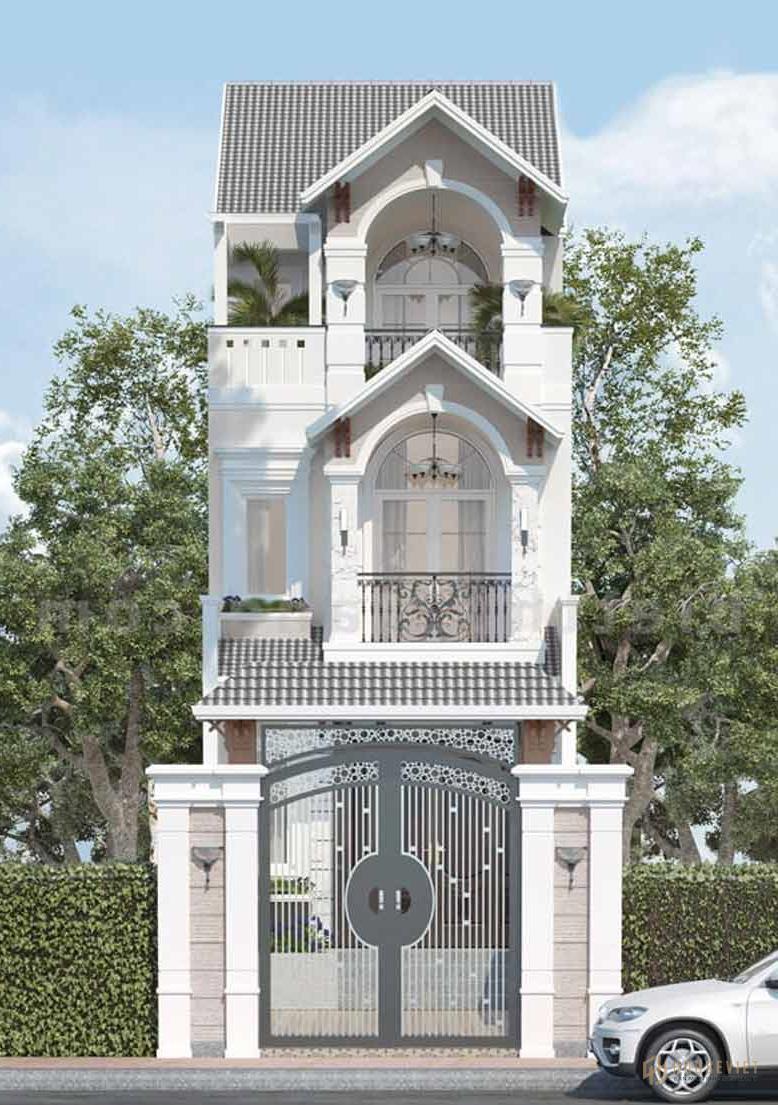 Trang trí thêm phần mái ngói phụ tạo điểm nhấn cho mẫu nhà phố tân cổ điển 3 tầng đẹp