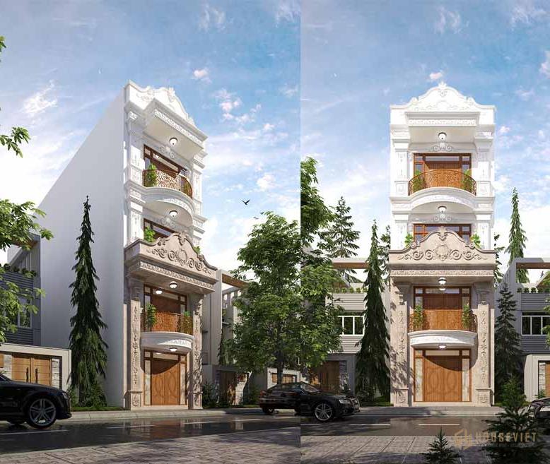 Mẫu nhà phố tân cổ điển 4 tầng sang trọng với cửa chính được ốp gỗ nâu