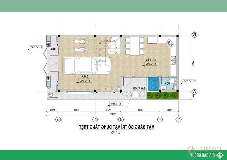 Bản vẽ mặt bằng tầng trệt nhà phố tân cổ điển 