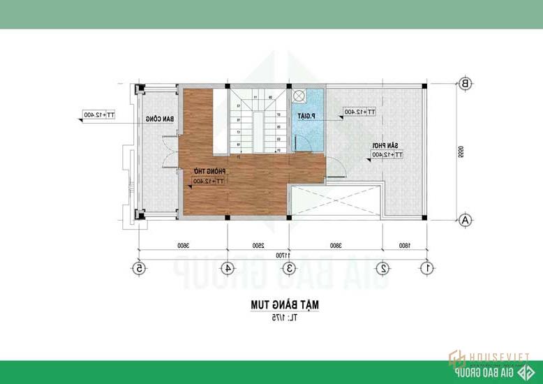 Bản vẽ mặt bằng tầng tum của nhà phố tân cổ điển