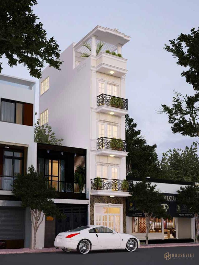 Tông màu trắng phổ biến trong thiết kế mẫu nhà phố tân cổ điển 5 tầng đẹp