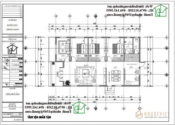 Mặt bằng nội thất nhà cấp 4 9x17m hiện đại.