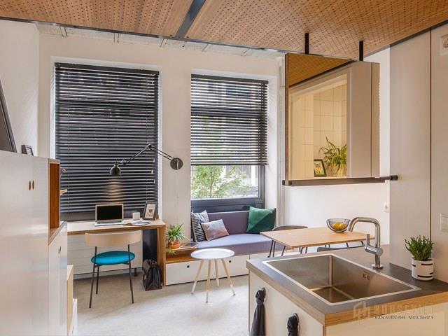 Phòng khách, bếp và bàn làm việc chung một không gian