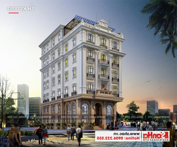 Mẫu thiết kế khách sạn tiêu chuẩn 3 sao phong cách tân cổ điển trang nhã tại Quảng Ninh - SH KS 0053 1 Phối cảnh tổng thể kiến trúc khách sạn tân cổ điển 3 sao tại Quảng Ninh