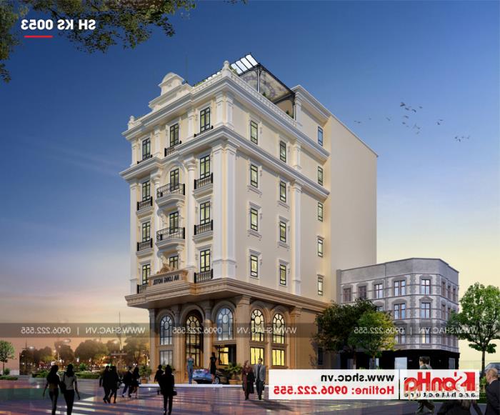Mẫu thiết kế khách sạn tiêu chuẩn 3 sao phong cách tân cổ điển trang nhã tại Quảng Ninh - SH KS 0053 3 Phối cảnh kiến trúc ngoại thất đồ sộ của khách sạn 3 sao được chủ đầu tư đánh giá cao