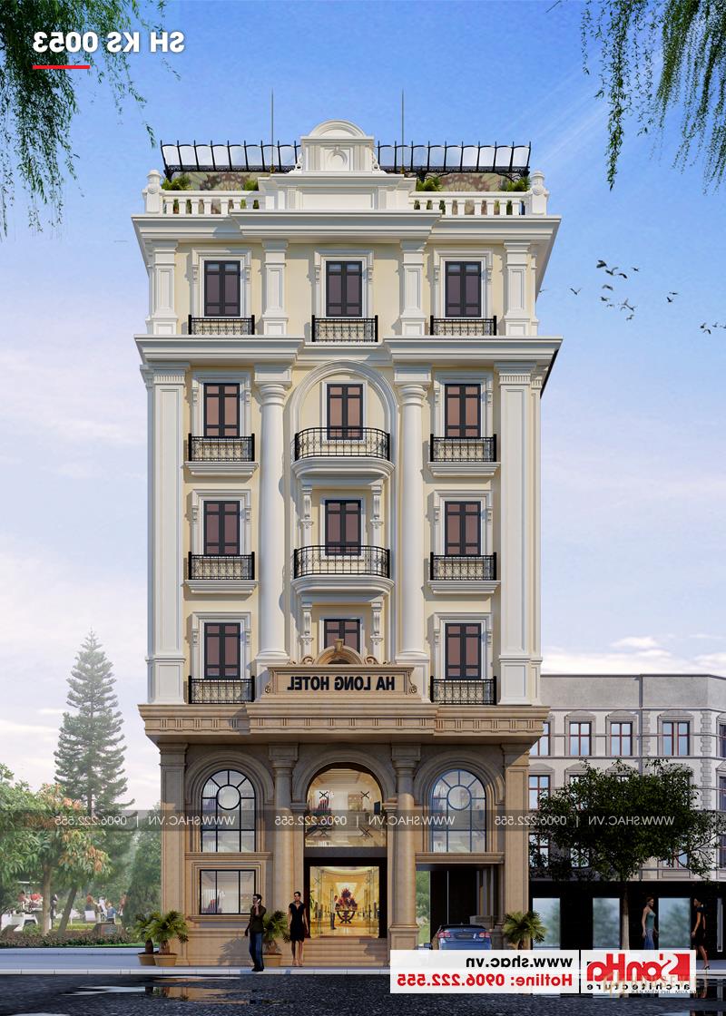 Mẫu thiết kế khách sạn tiêu chuẩn 3 sao phong cách tân cổ điển trang nhã tại Quảng Ninh - SH KS 0053 4 Cận cảnh kiến trúc mặt tiền của khách sạn tân cổ điển 3 sao tại Quảng Ninh với cốt cách kiên cố và kiêu hãnh