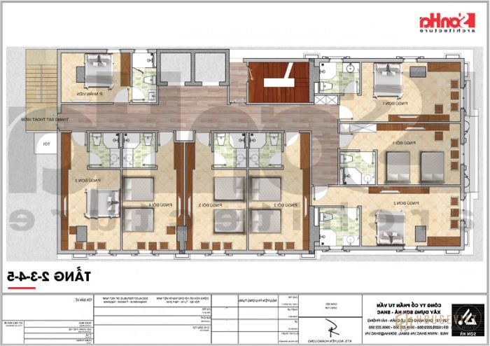 Mẫu thiết kế khách sạn tiêu chuẩn 3 sao phong cách tân cổ điển trang nhã tại Quảng Ninh - SH KS 0053 8 Bản vẽ bố trí mặt bằng công năng từ tầng 2 đến tầng 5 của khách sạn tân cổ điển 7 tầng tại Quảng Ninh