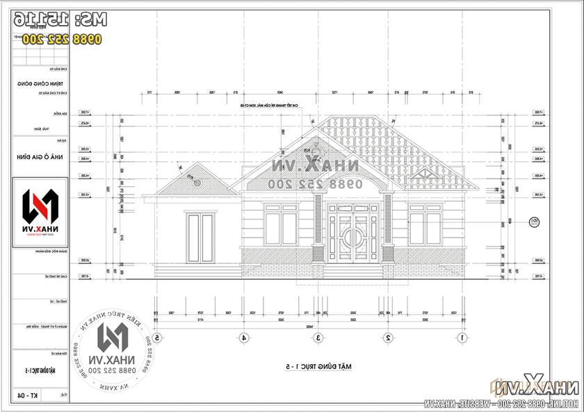 Hình ảnh: Mặt tiền trục 1-5 của mẫu nhà cấp 4 mái thái