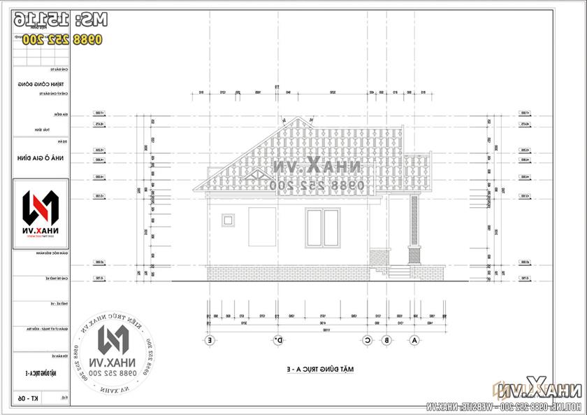 Hình ảnh: Mặt tiền trục AE của bản vẽ nhà cấp 4 mái thái 3 phòng ngủ