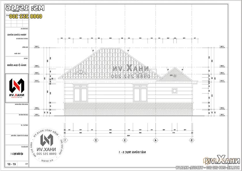 Ảnh: Mặt tiền trục 5-1 của mẫu nhà cấp 4 3 phòng ngủ