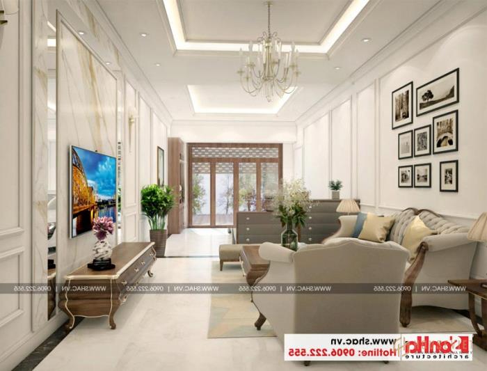 Mẫu nội thất phòng khách nhà ống 4 tầng cổ điển đẹp tại Hà Nội 