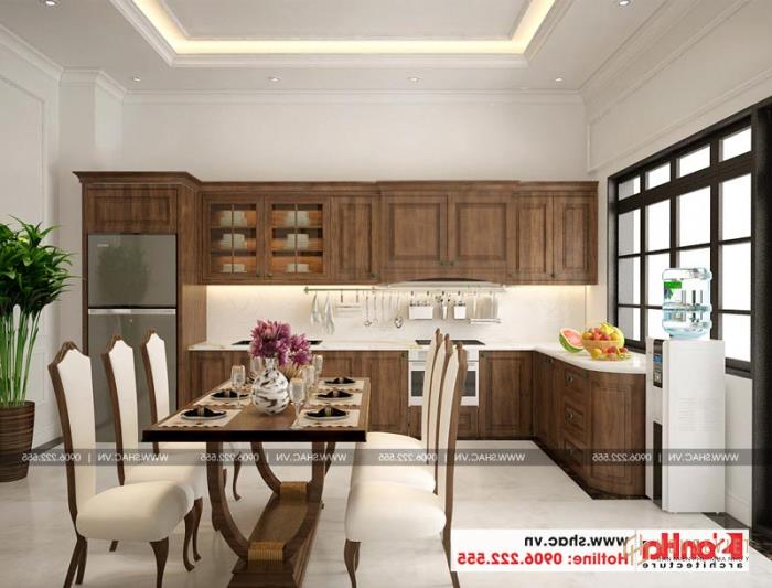 Thiết kế nội thất phòng bếp đẹp kiến ​​trúc pháp với tủ bếp gỗ 