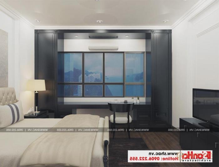 Thiết kế phòng ngủ với gam màu trắng chủ đạo và nội thất gỗ 
