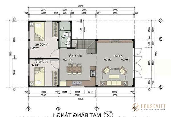 Bản vẽ mặt bằng nhà 2 tầng 60m2 tầng 1