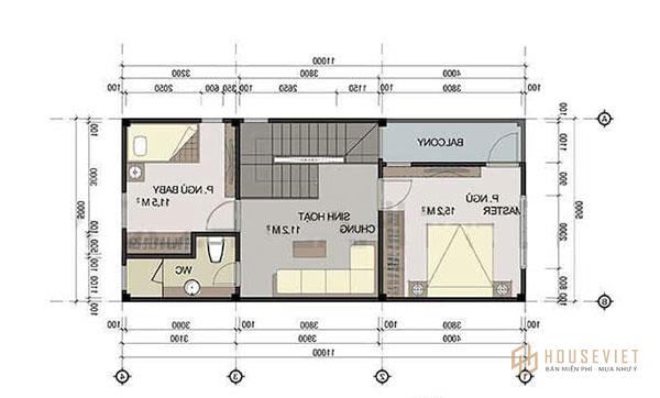 Bản vẽ mặt bằng nhà 2 tầng 60m2 tầng 2