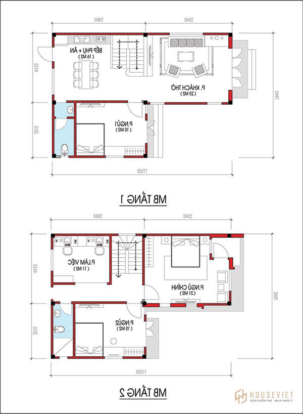 Bản vẽ nhà 2 tầng 60m2 hình chữ L