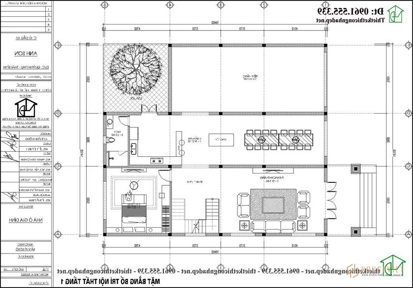 Bản vẽ mặt bằng tầng 1 mẫu nhà 2 tầng đẹp NDMN2T13