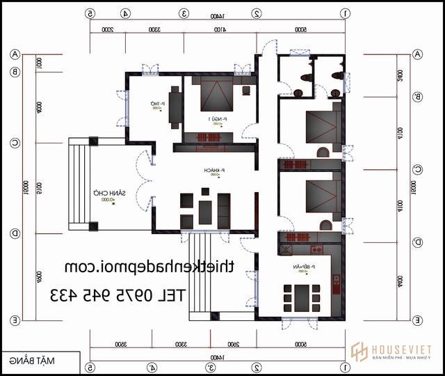 Mặt bằng nhà cấp 4 chữ L ngang 15m mái thái 3 phòng ngủ lợp tôn giá rẻ