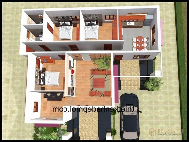 Mặt bằng nhà cấp 4 mái tôn 3 phòng ngủ 2D