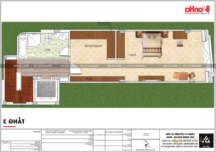 Nhà phố hình chữ L kiến trúc Pháp kết hợp kinh doanh tại Hà Nội - SH NOP 0168 25 Mặt bằng công năng tầng 3 mẫu nhà chữ L kết hợp kinh doanh tại Hà Nội