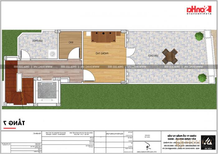 Nhà phố hình chữ L kiến trúc Pháp kết hợp kinh doanh tại Hà Nội - SH NOP 0168 29 Mặt bằng công năng tầng 7 nhà chữ L kết hợp kinh doanh tại Hà Nội