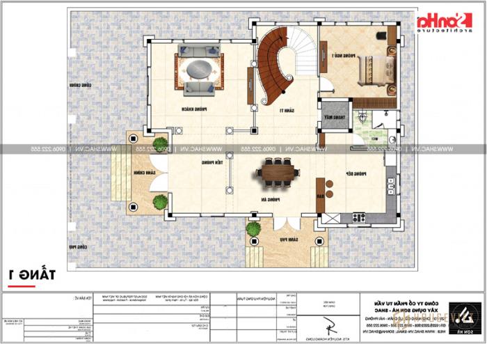 Mặt bằng công năng tầng 1 mẫu biệt thự lâu đài châu âu 4 tầng tại Đà Nẵng 